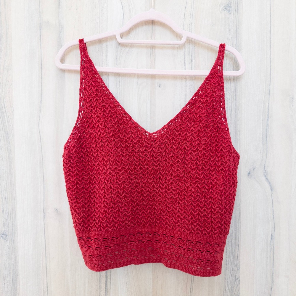 Jones New York Womens Crochet Crop Tank Top Size L Red Hand Knit Boho Festival - Picture 1 of 6